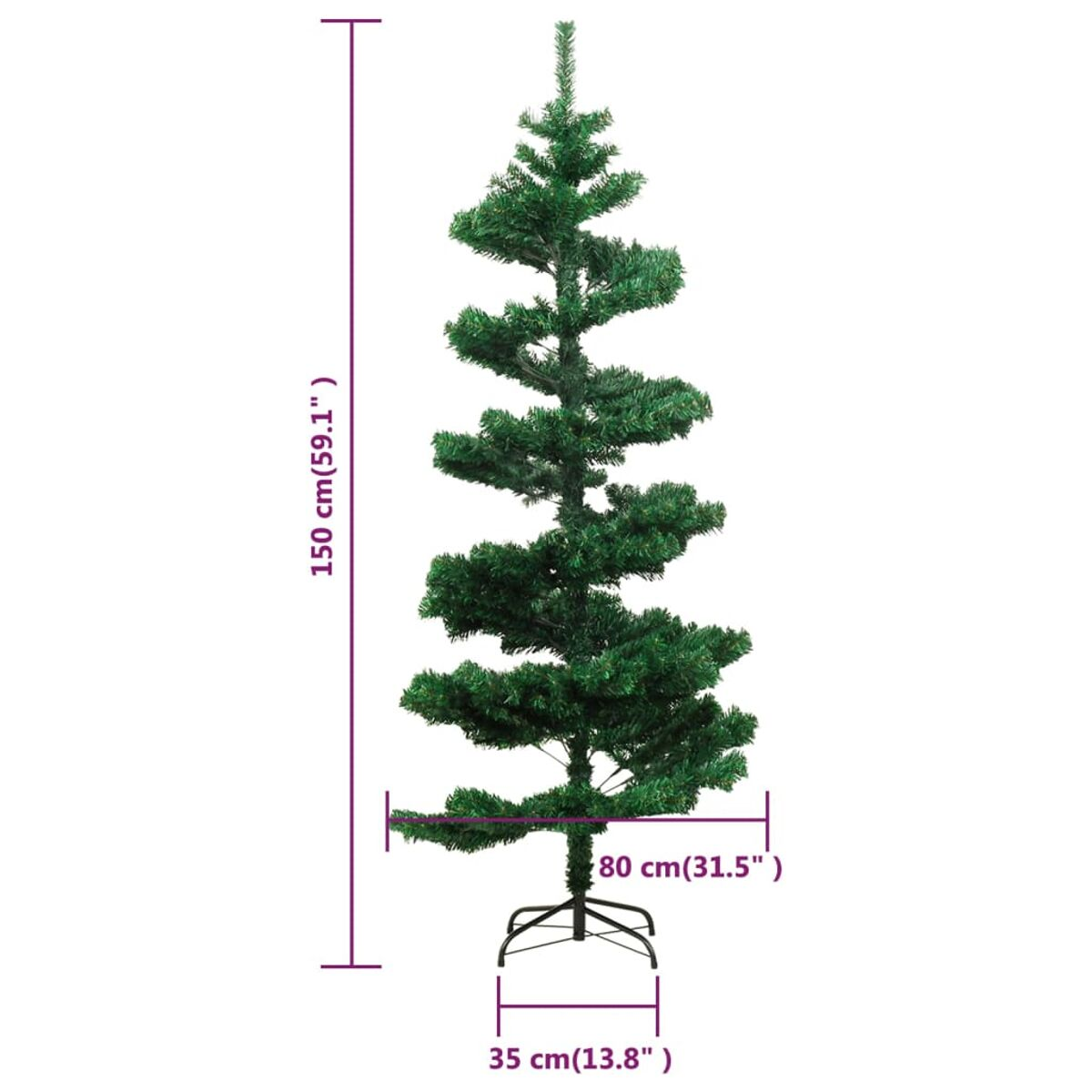 Grüner künstlicher Weihnachtsbaum mit Maßangaben.