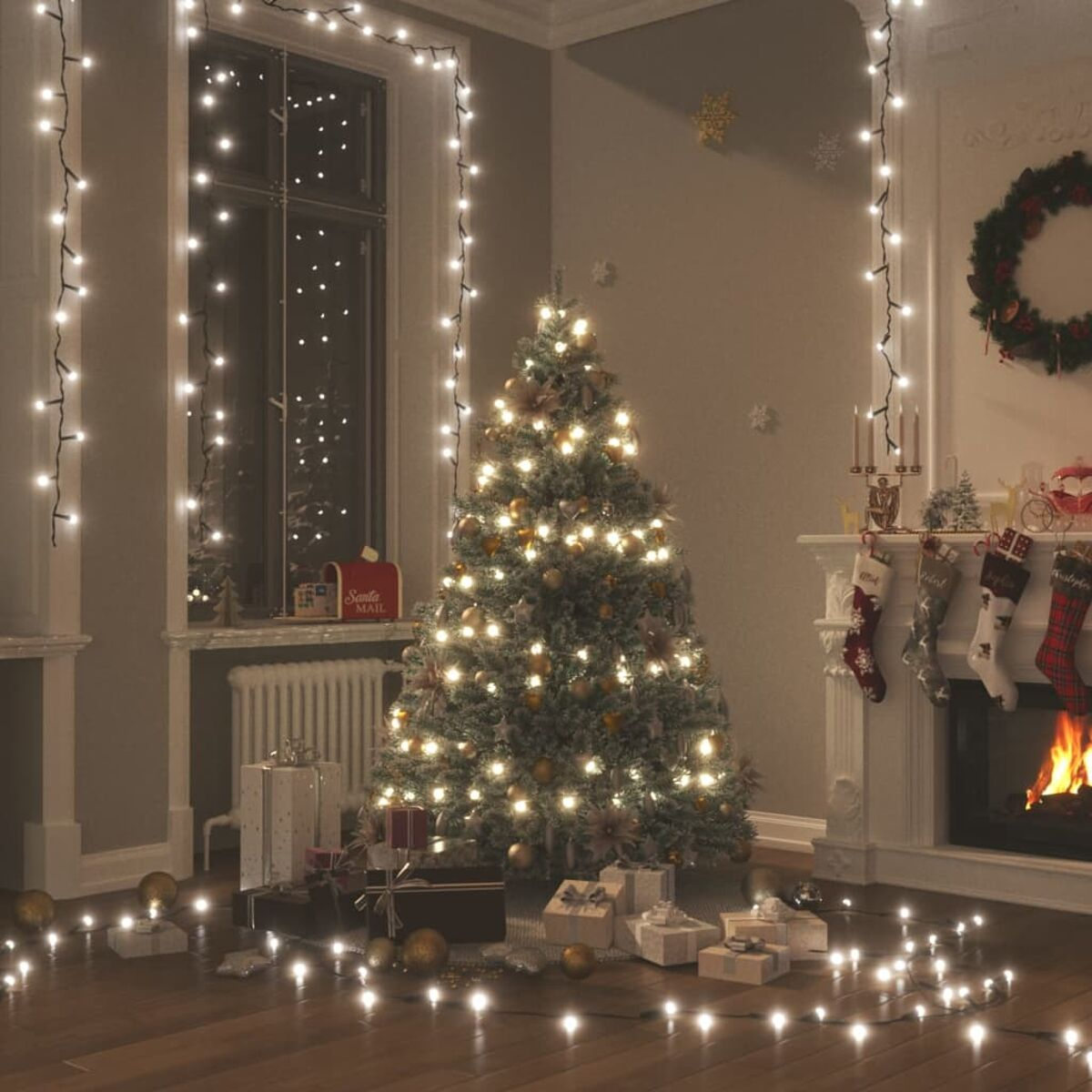 Weihnachtsbaum mit Lichtern, Geschenken, Kamin, Strümpfen und Girlande. Festliche Urlaubsszene.