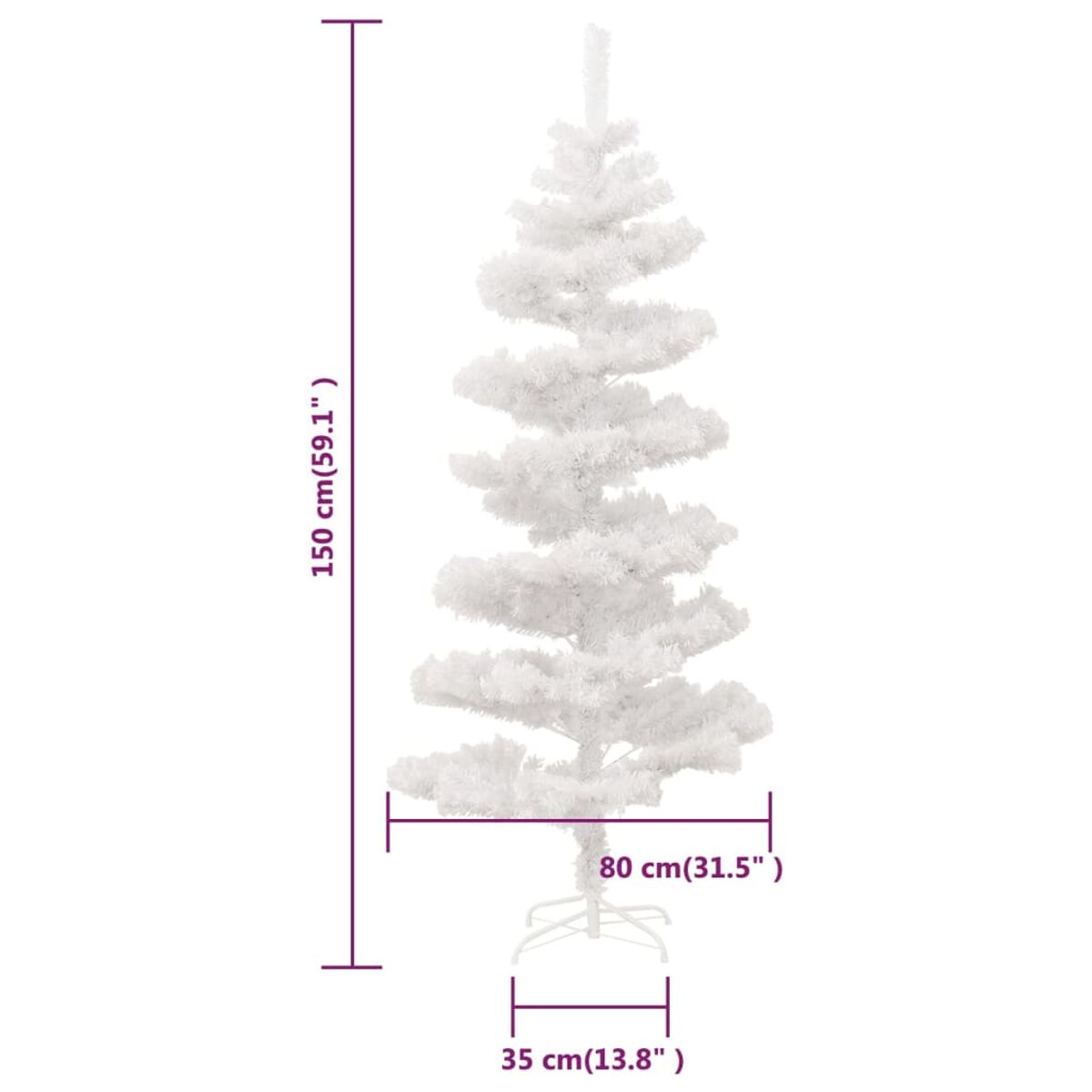 Weihnachtsbaum in Weiß. Maße sind angegeben. Weißer Hintergrund.