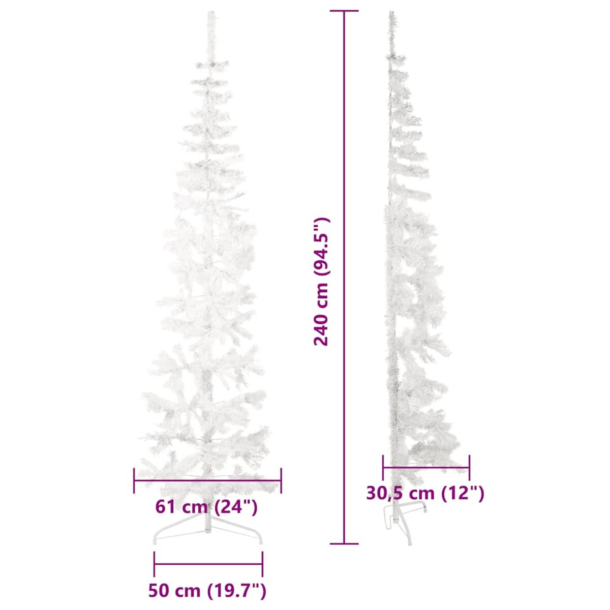 Weihnachtsbaum, Maße angegeben. Weißer Hintergrund.