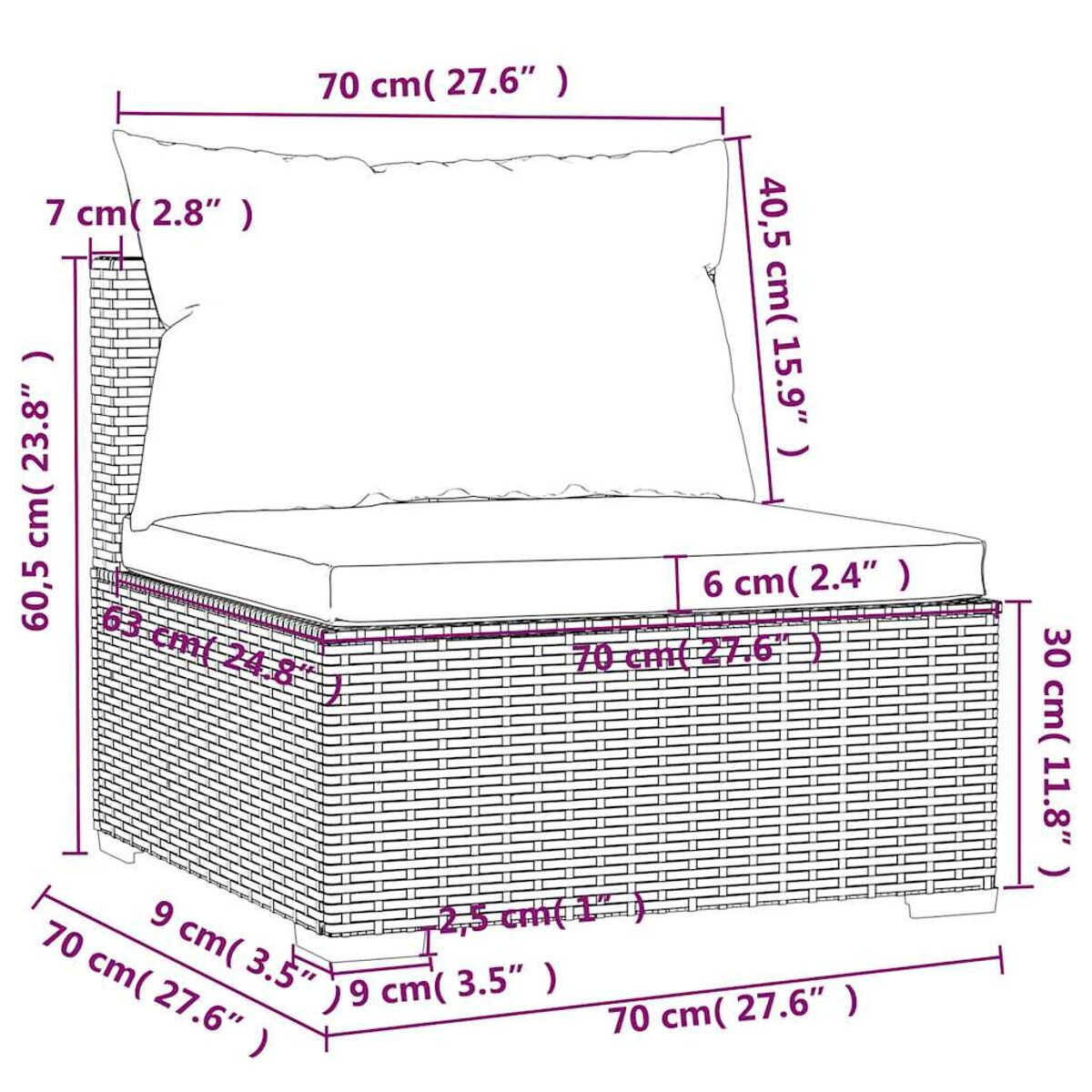 Outdoor-Sofa im Rattan-Stil mit Maßangaben. Verfügt über ein Kissen und eine Rückenlehne.