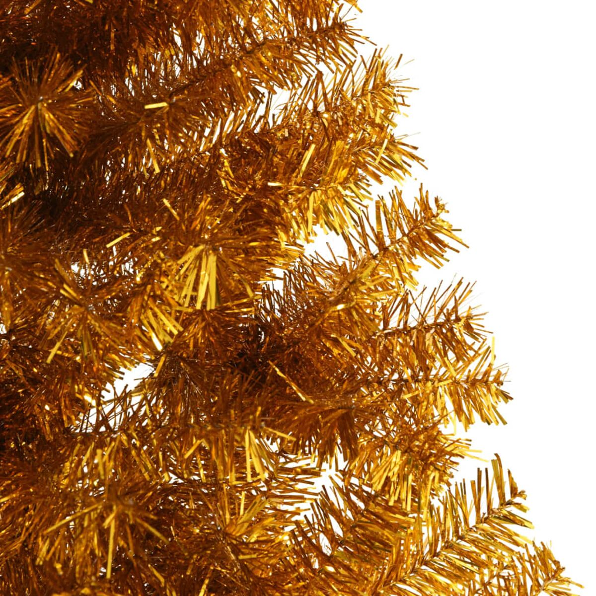 Nahaufnahme eines goldenen Lametta-Weihnachtsbaumzweigs. Weißer Hintergrund.