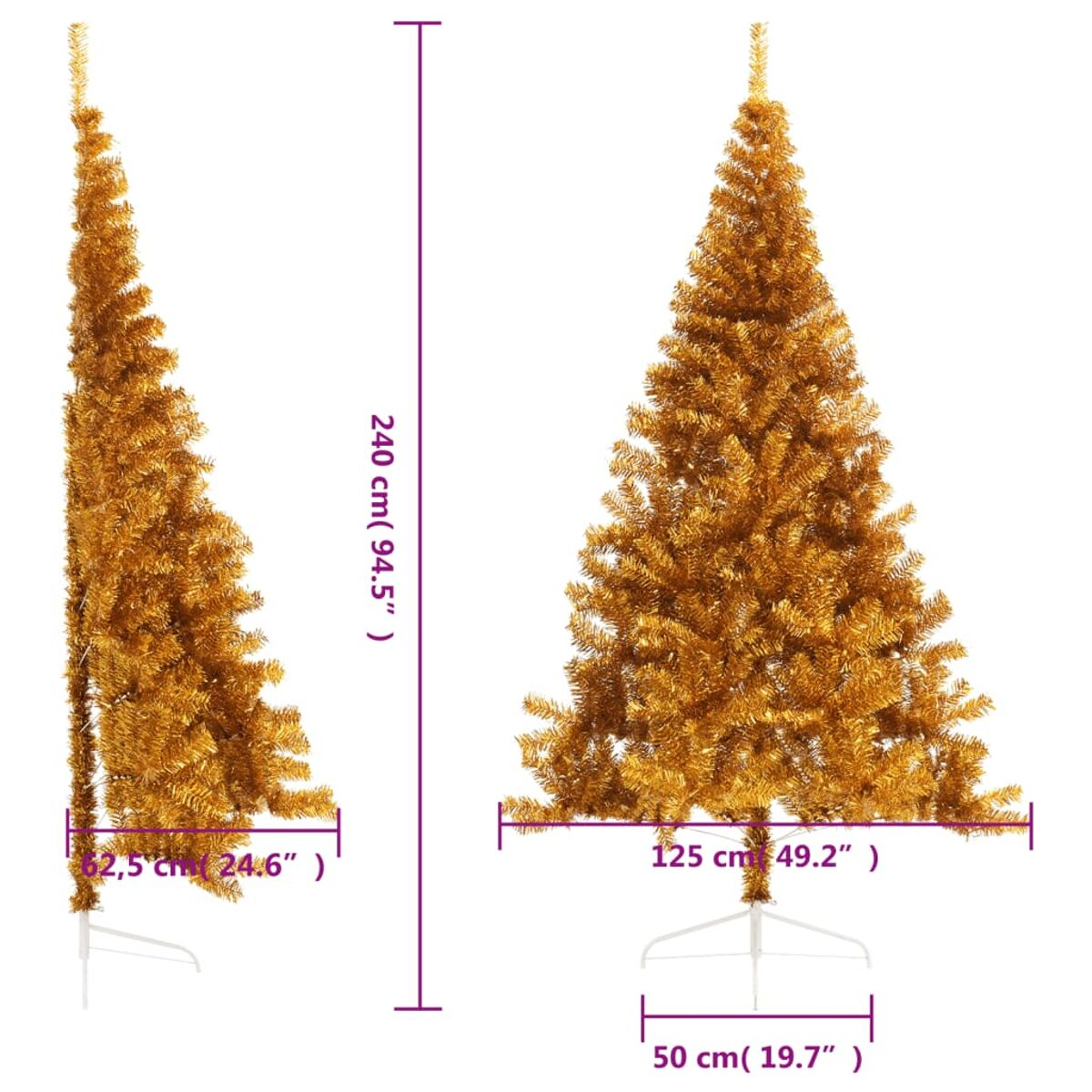 Zwei goldene Weihnachtsbäume mit Maßen vor Weiß.