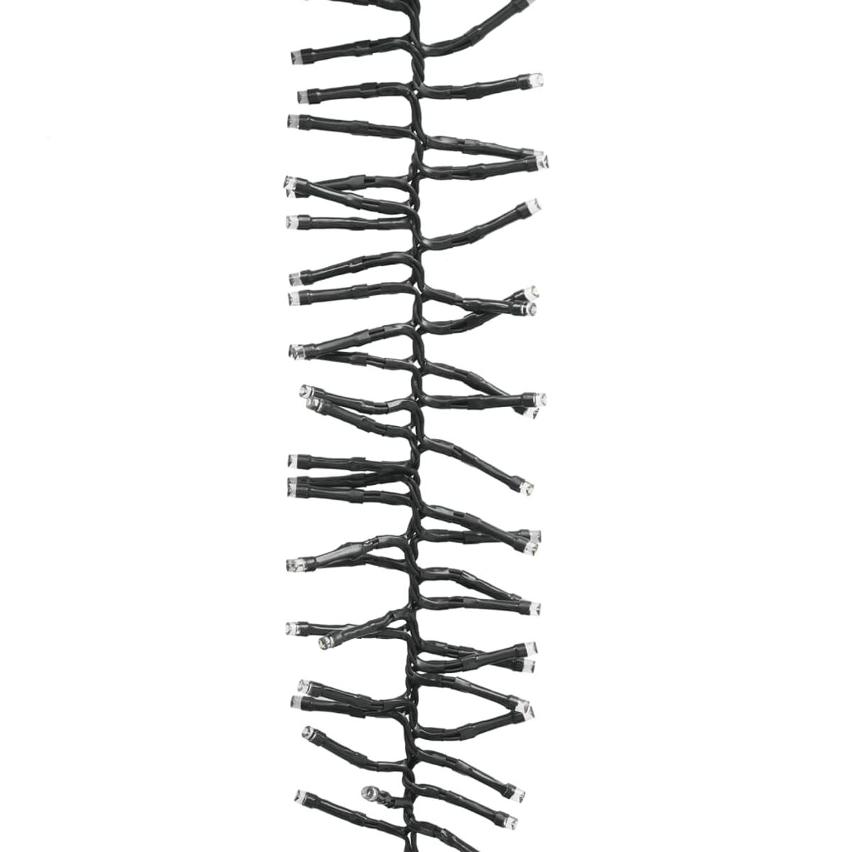 Lichterkette, schwarzes Kabel, mit kleinen, durchsichtigen Glühbirnen. Weißer Hintergrund.