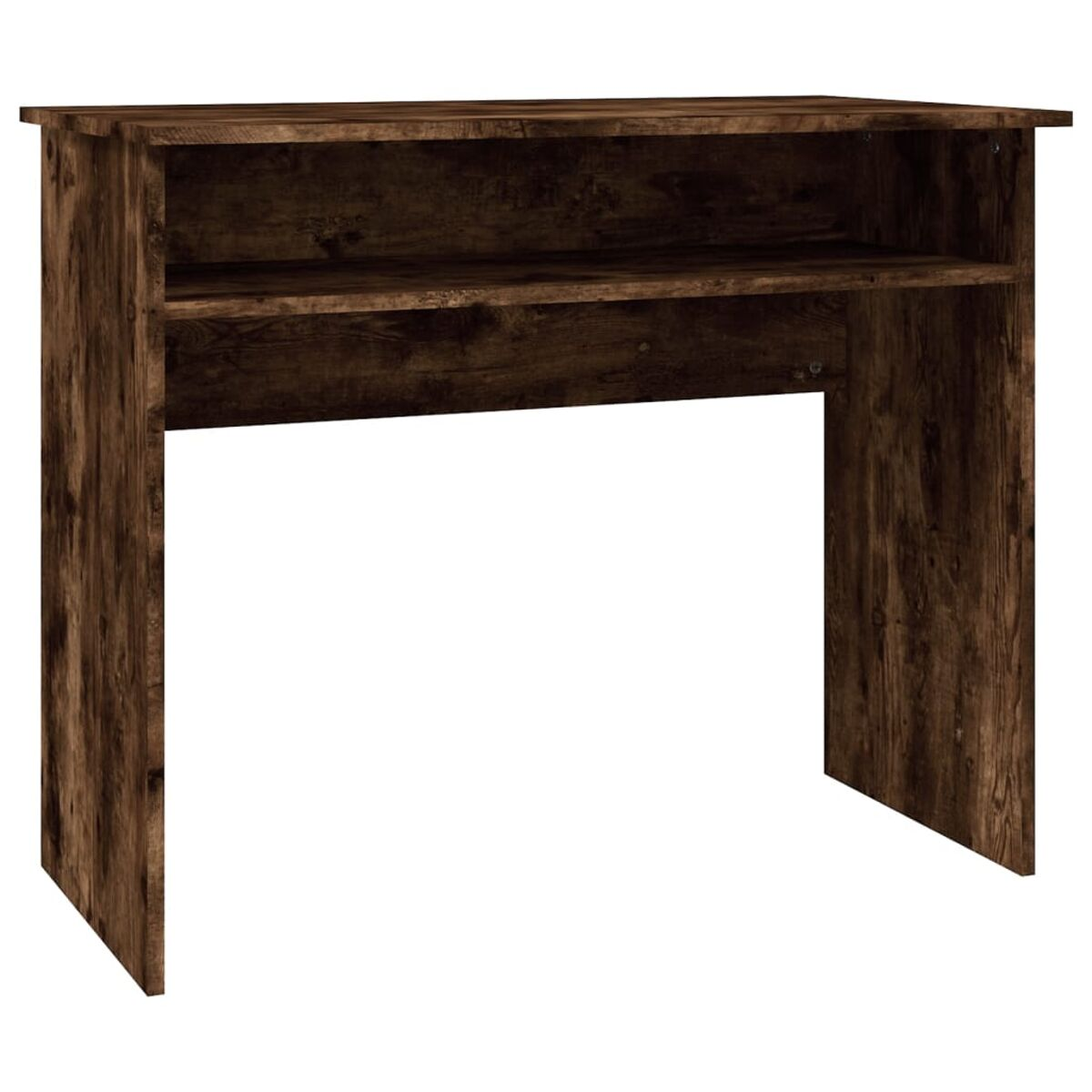 Konsole aus dunkelbraunem Holz. Mit Regal und zwei Beinen. Hintergrund ist weiß.
