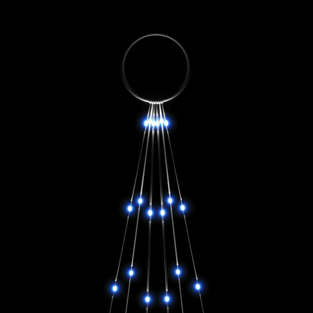 Ein Weihnachtsbaum mit blauen Lichtern. Oben befindet sich ein Kreis mit herunterhängenden Lichtern.