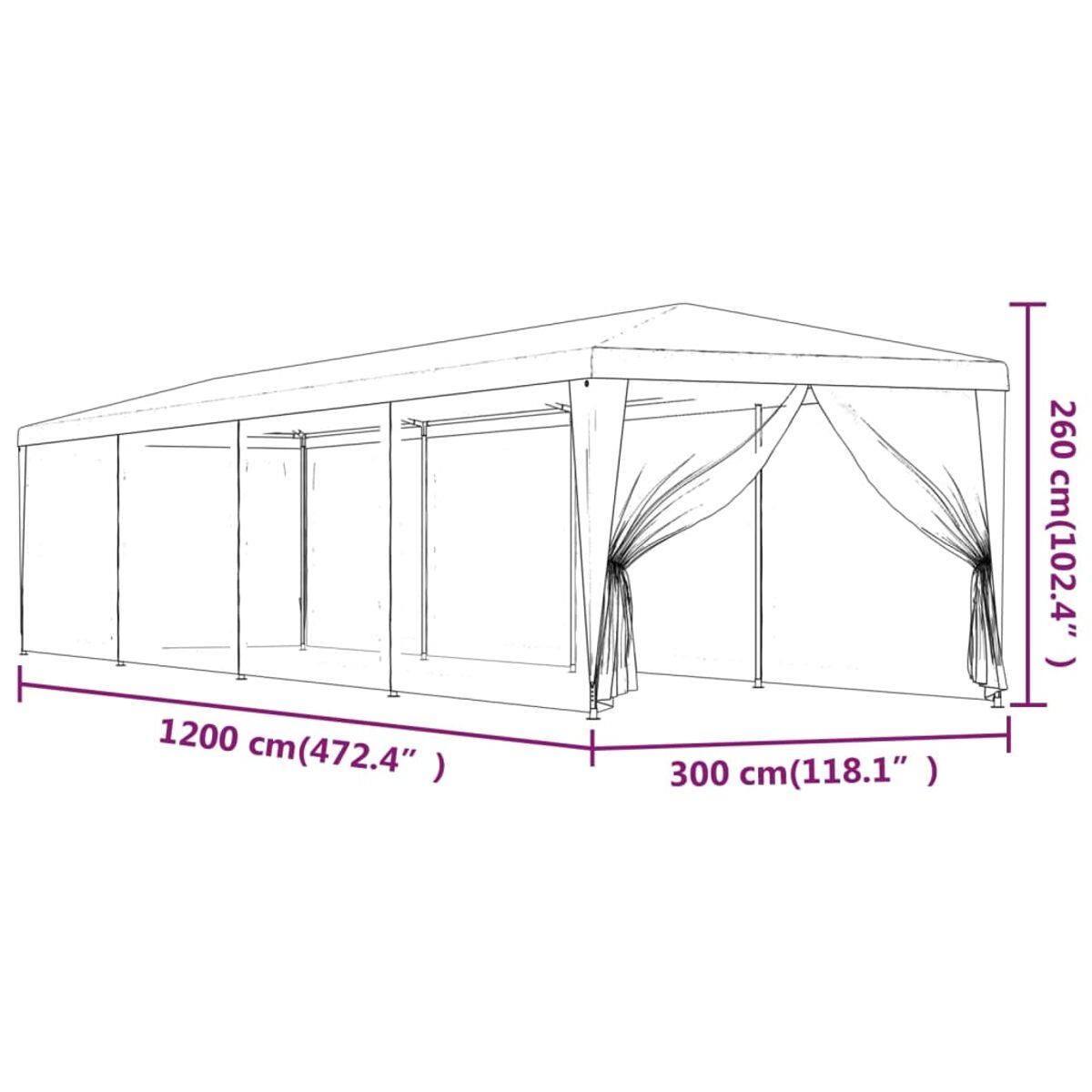 Ein weißer Pavillon mit rechteckiger Form. Abmessungen in cm: 1200x300x260.