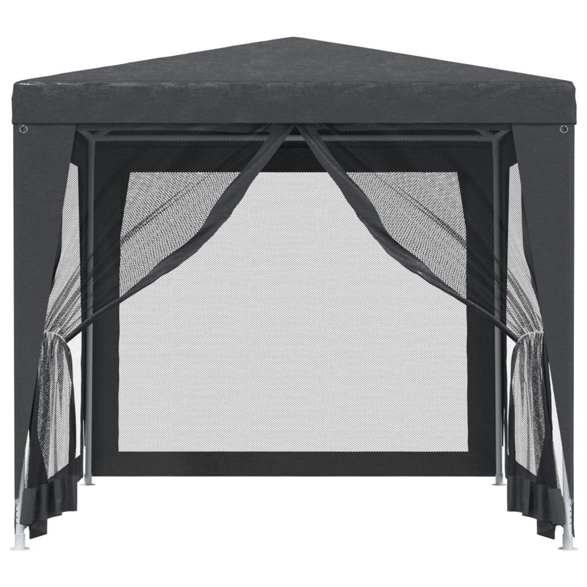 Grauer Pavillon mit Gitternetzseiten, offenen Vorhängen und dunklem Dach.