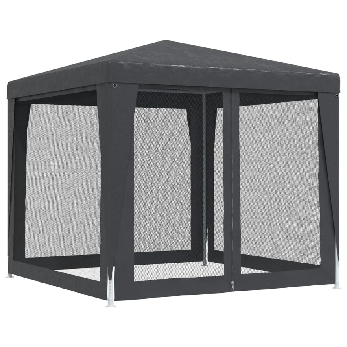 Grauer Pavillon mit Netzwänden und dunklem Dach auf weißer Oberfläche.