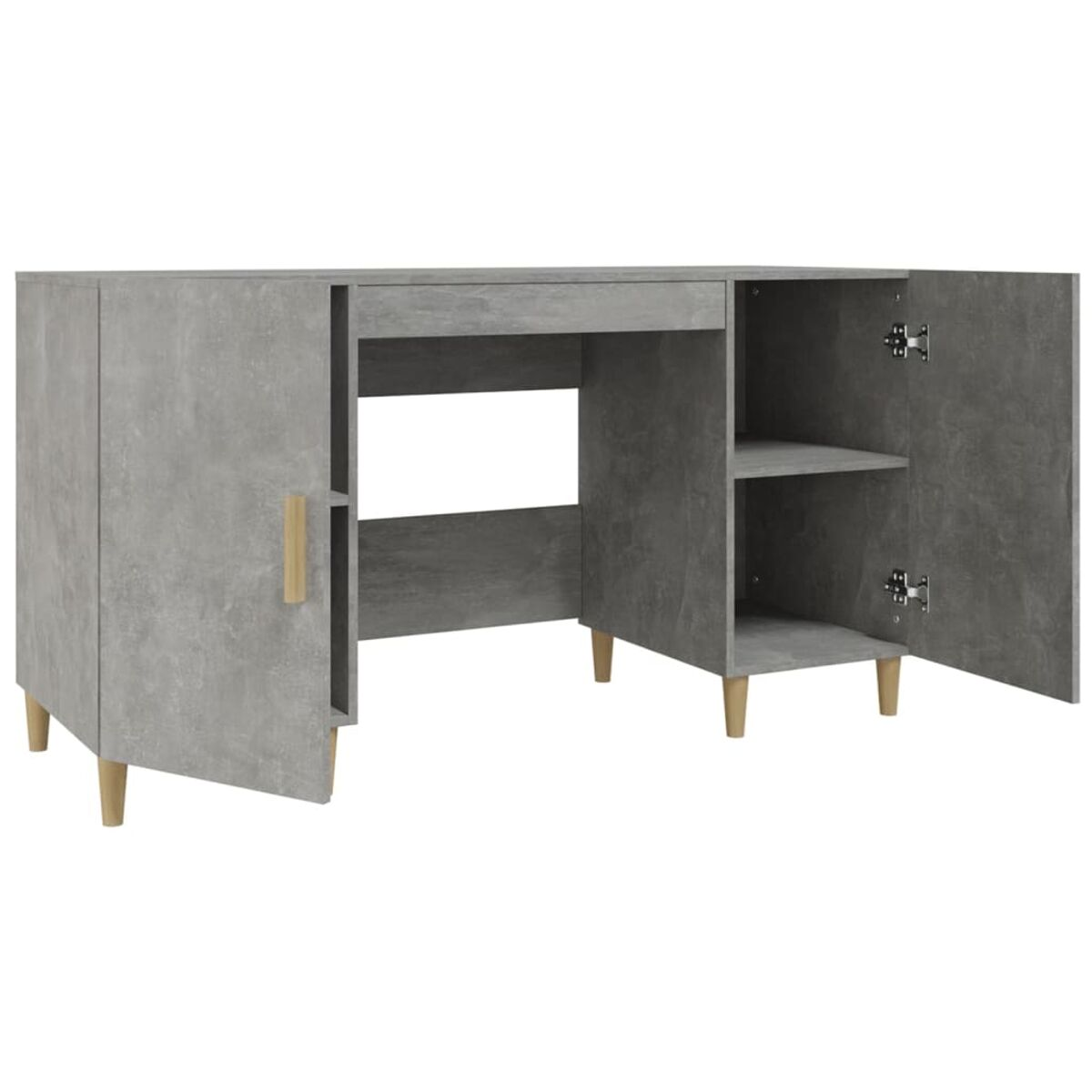 Grauer Schreibtisch mit Schränken, Schublade und Regal, Holzbeine, offene Türen.