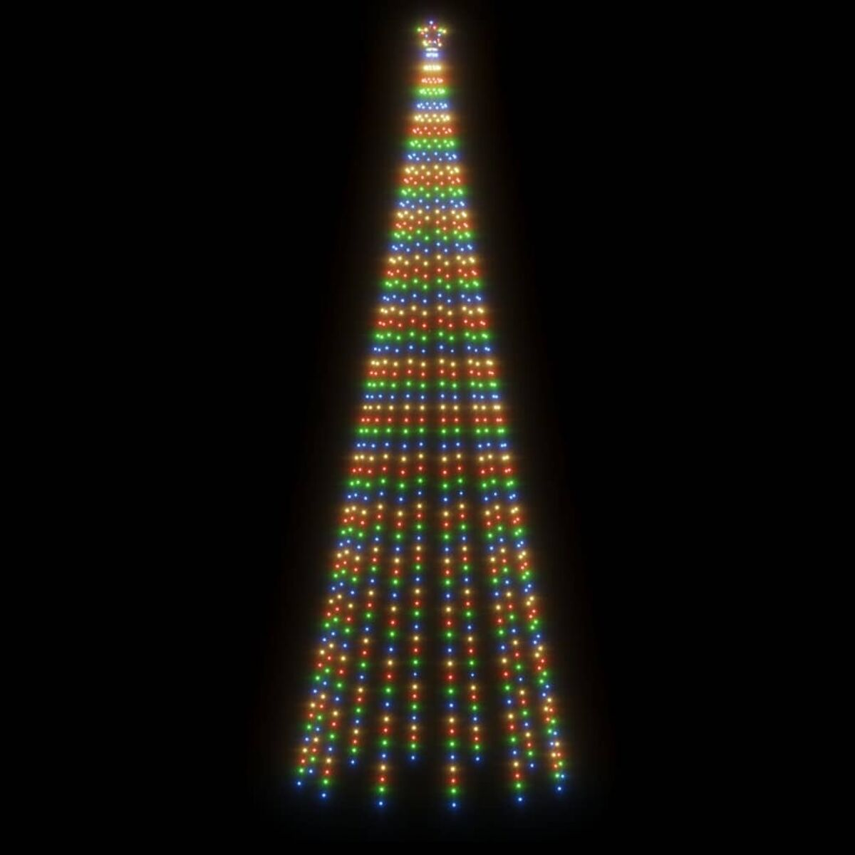 Weihnachtsbaum aus Lichtern auf schwarzem Hintergrund, mit Stern oben.
