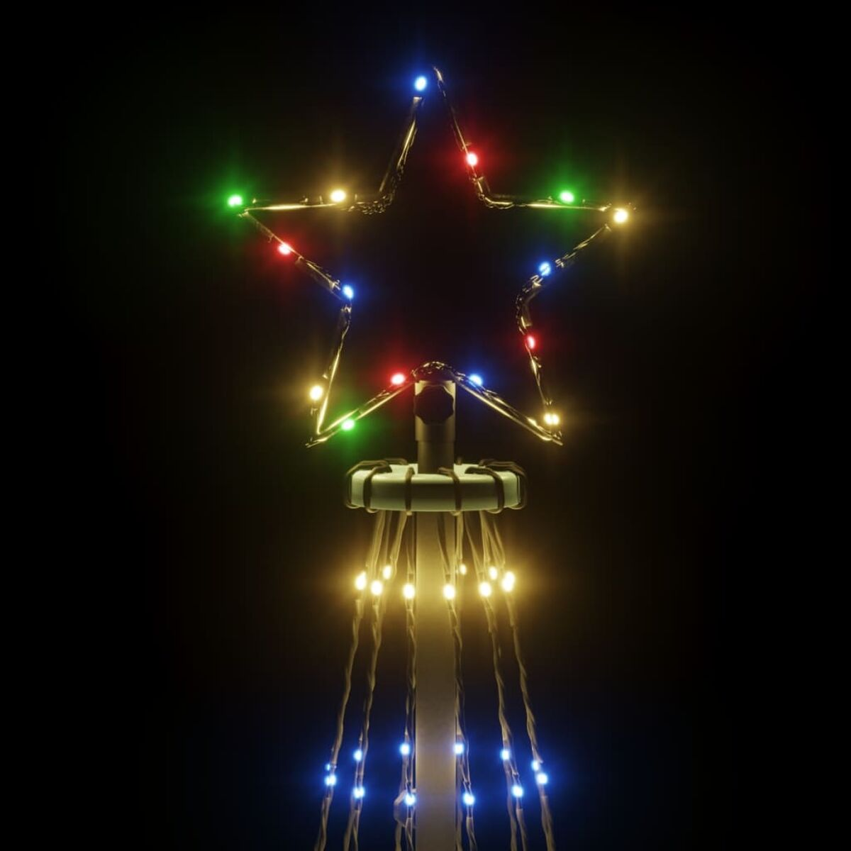 Sternförmige Weihnachtslichtanzeige mit verschiedenen farbigen Lichtern auf schwarzem Hintergrund.