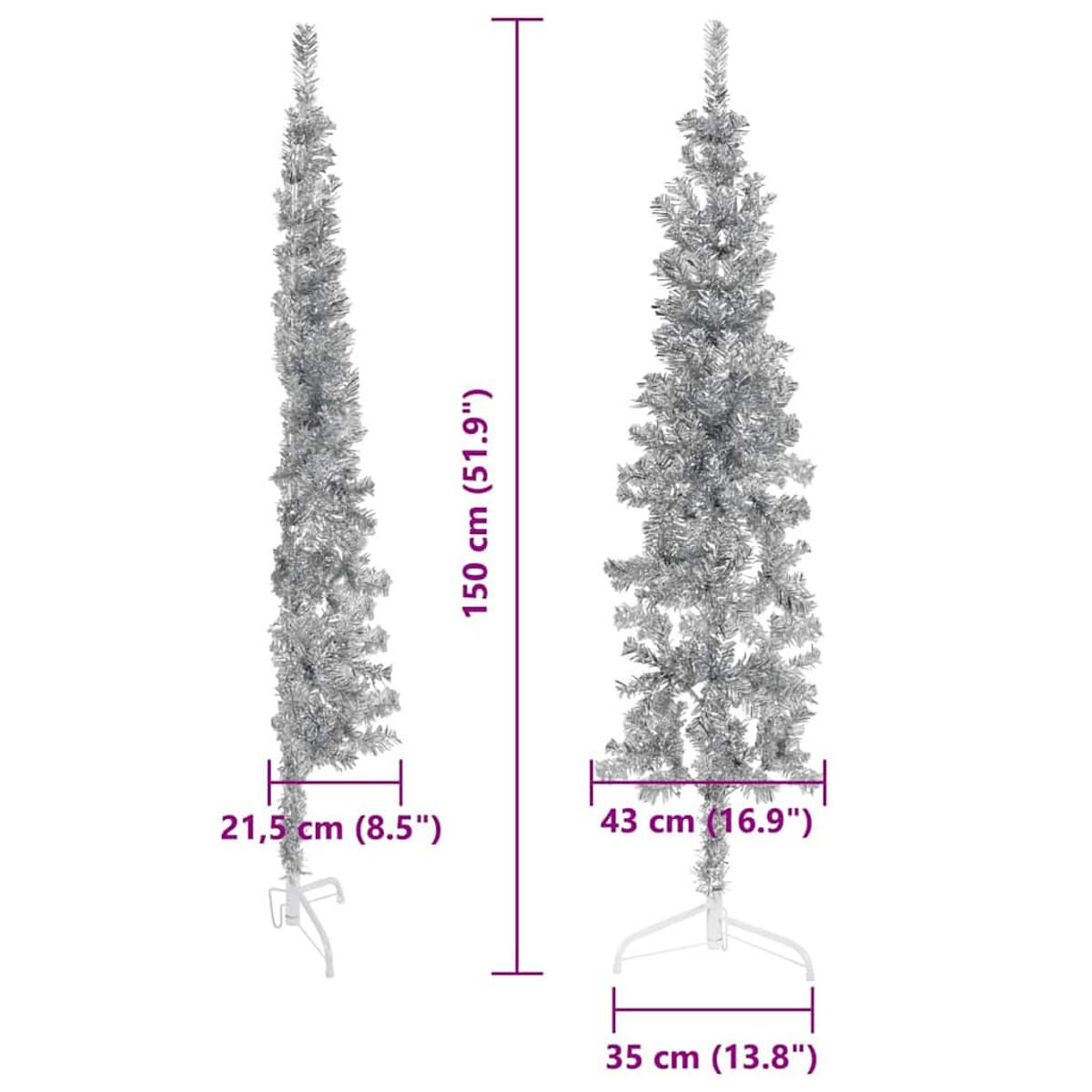 Zwei silberne Weihnachtsbäume mit Abmessungen und Messungen.