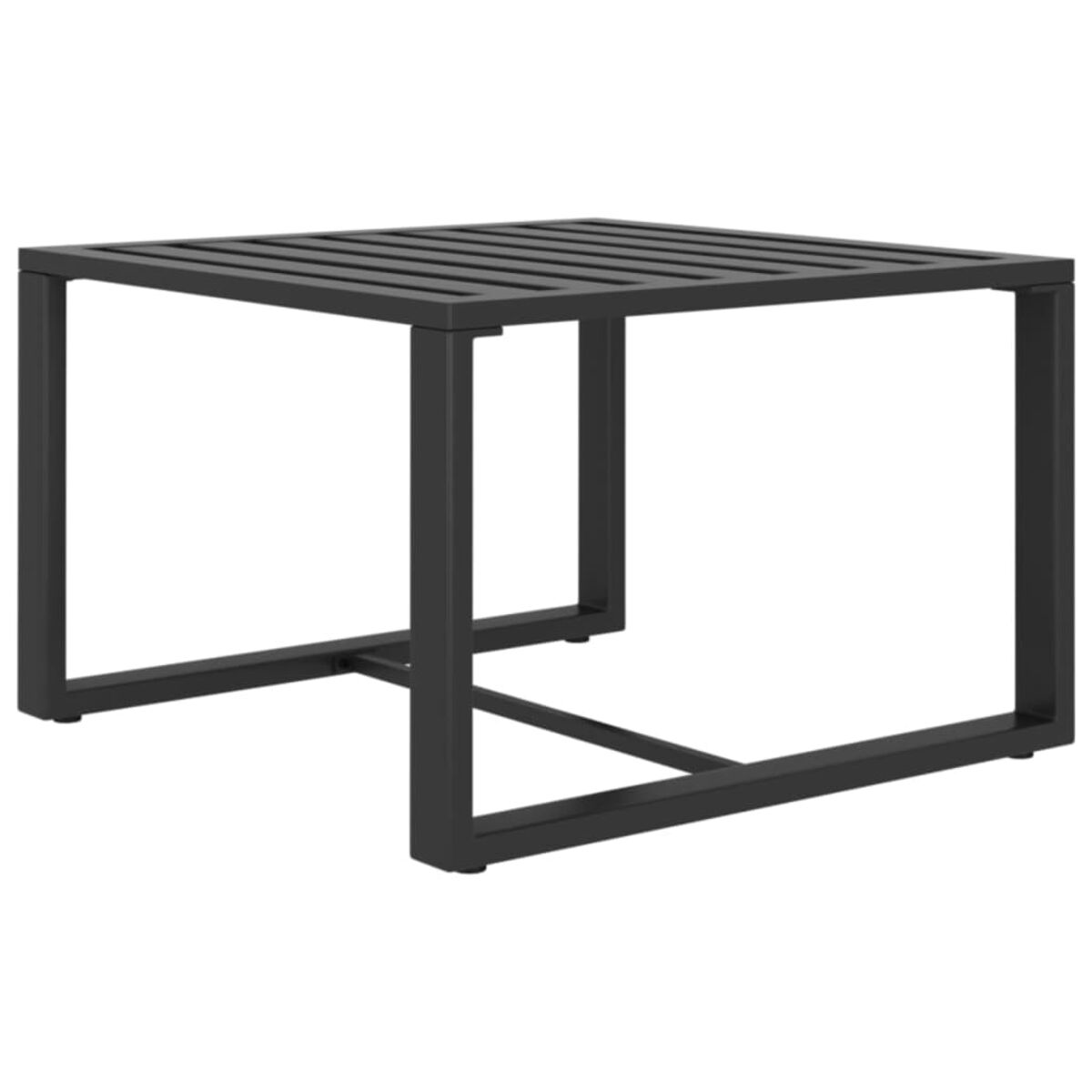 Schwarzer Metall-Beistelltisch mit quadratischer Form. Er hat ein schlichtes Design mit Gitterplatte.