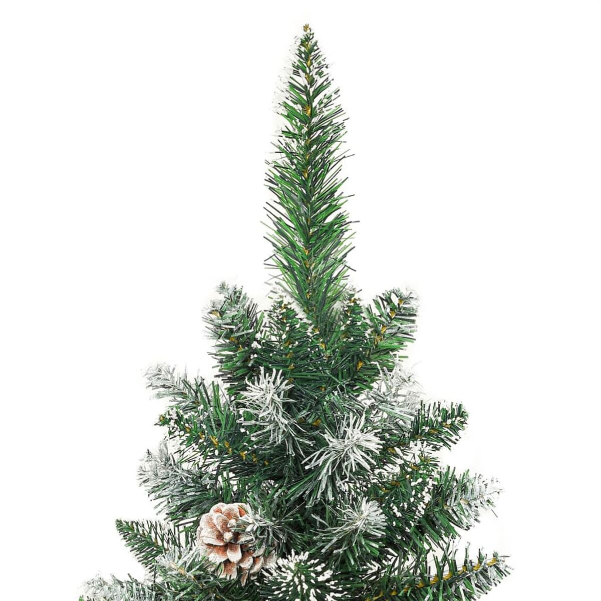 Nahaufnahme eines bereiften künstlichen Weihnachtsbaumzweigs mit einem Tannenzapfen.