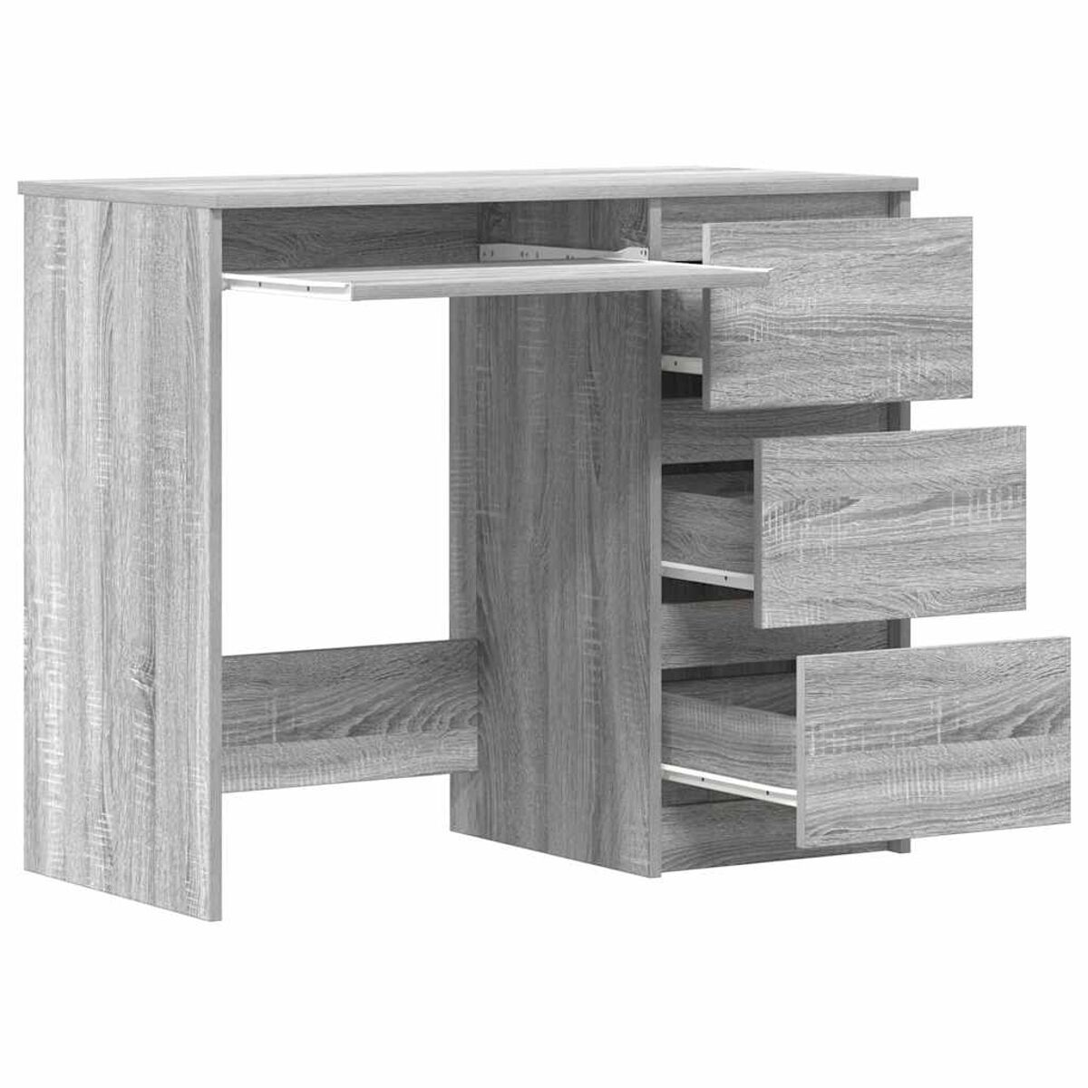 Ein grauer Holzschreibtisch mit Schubladen und einem herausgezogenen Tastaturfach, mit hellem Holzmaserungsmuster.