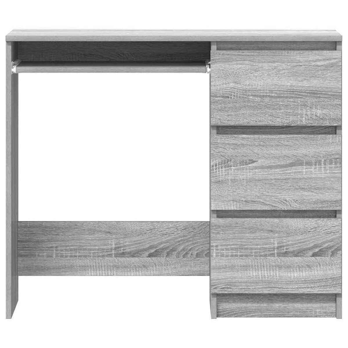 Grauer Holzschreibtisch mit Schubladen und Tastaturfach auf weißem Hintergrund.