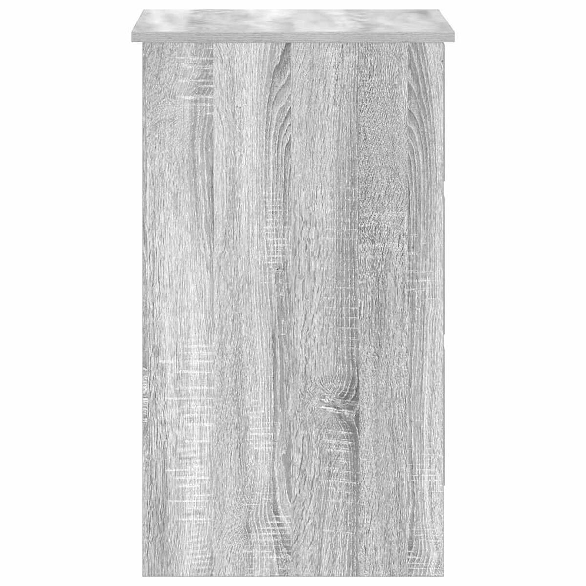 Ein hoher, grauer Holzschrank mit heller Marmorplatte, Holzmaserung auf der Vorderseite sichtbar.