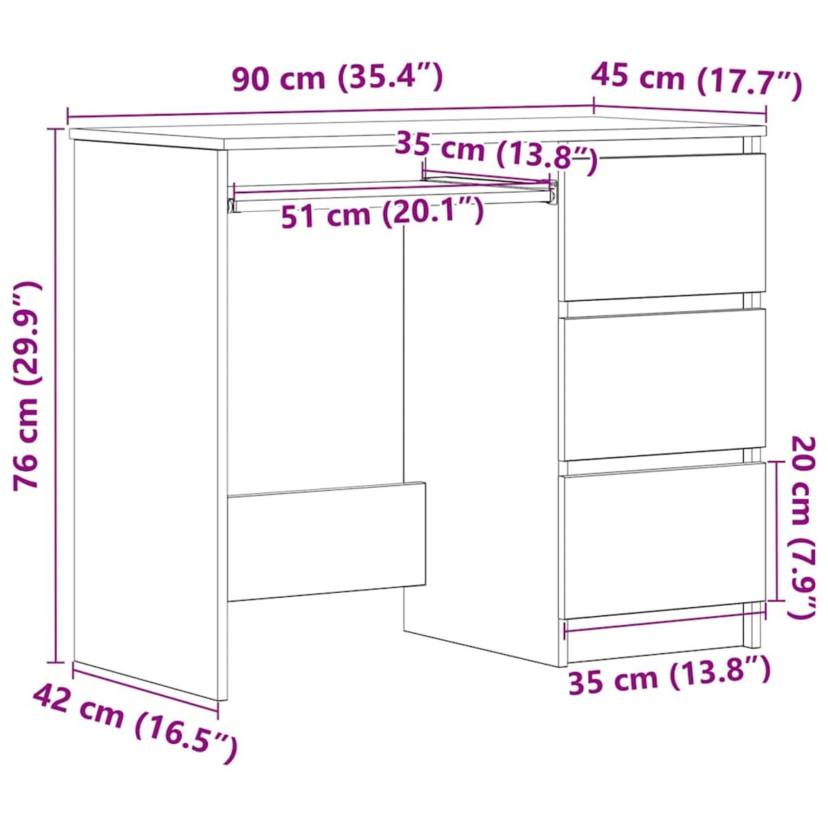 Ein Holzschreibtisch mit Schubladen und Abmessungen in Zentimetern und Zoll.