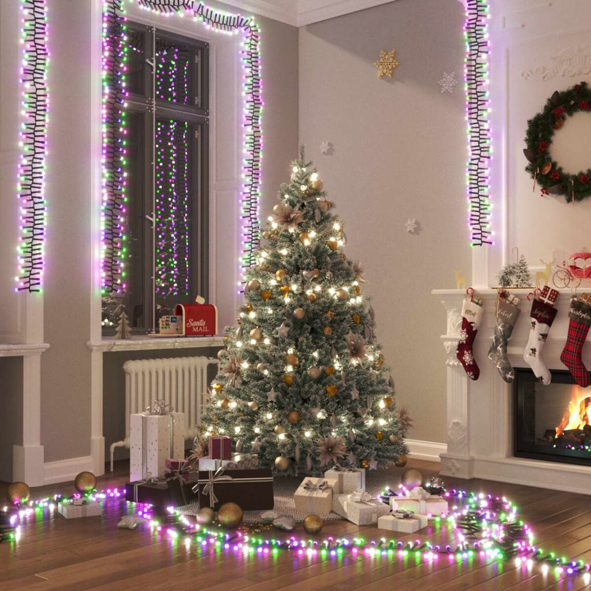 Weihnachtsbaum in einem Raum mit Geschenken und Lichtern.