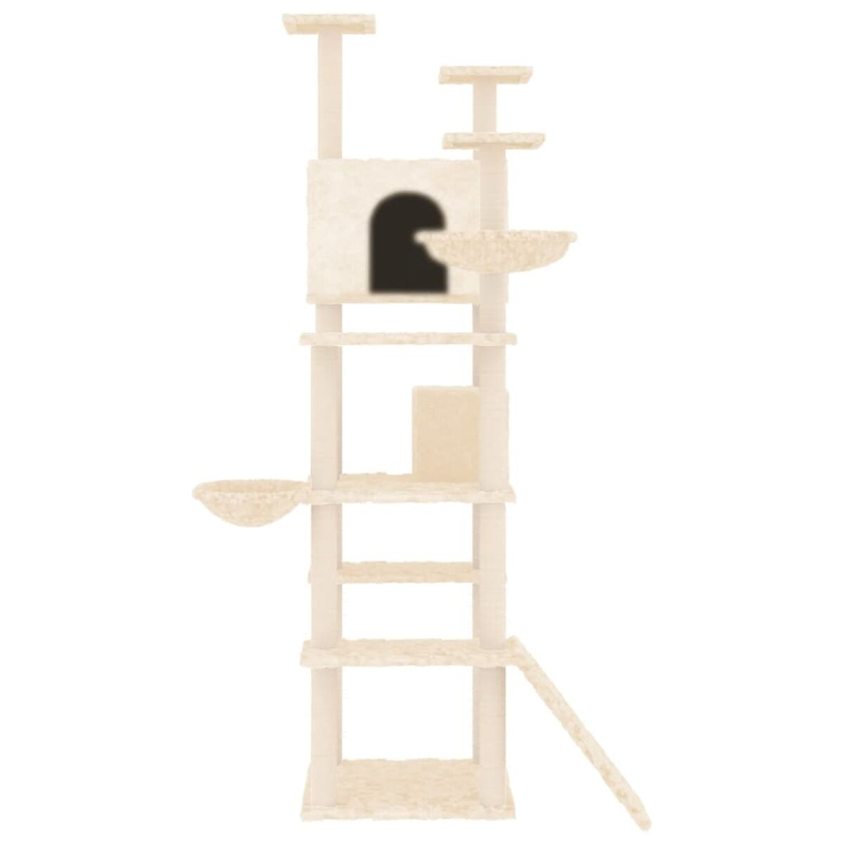 Beiger Katzenbaum mit mehreren Plattformen, einem Haus und einer Rampe. Weißer Hintergrund.