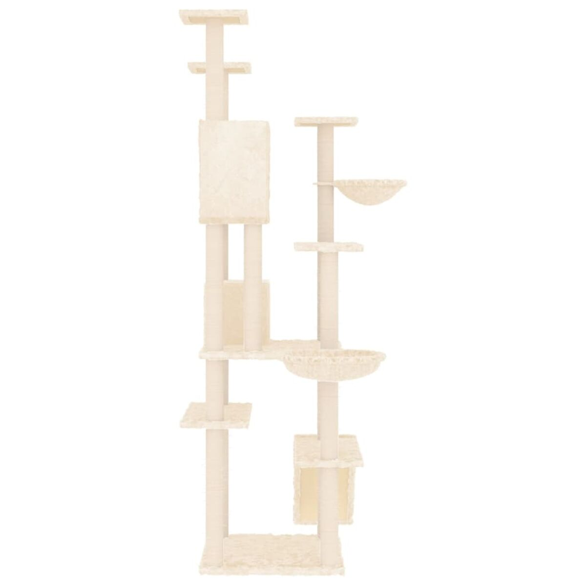 Katzenbaum in Beige. Es hat mehrere Ebenen und Plattformen für eine Katze zum Spielen.