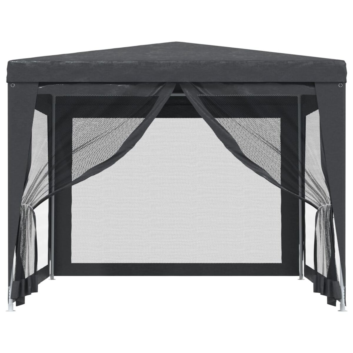 Ein schwarzer Pavillon mit Netzseiten und Vorhängen, auf weißem Hintergrund.