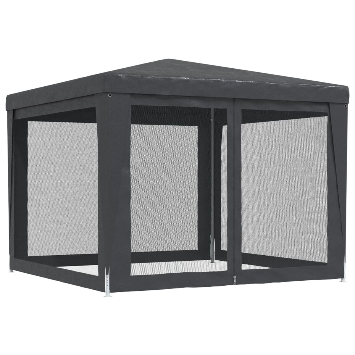 Ein dunkelgrauer Outdoor-Pavillon mit Maschenverkleidung, vor weißem Hintergrund.