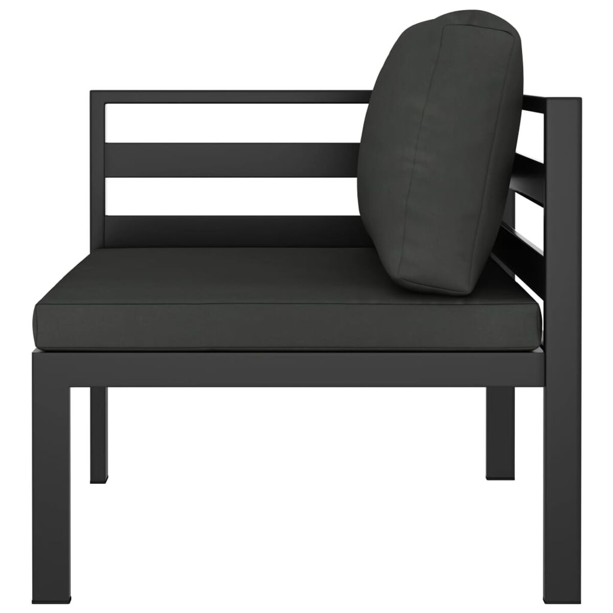 Schwarzes Metall-Außensofa mit dunkelgrauem Kissen und Polster.