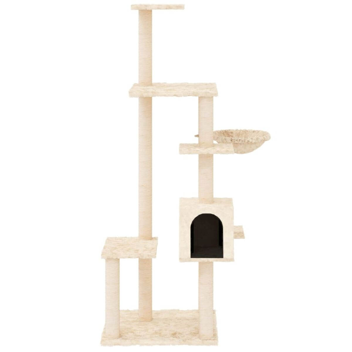 Hoher Katzenbaum mit mehreren Plattformen, einer Katzenhöhle und einem Hängekorb, alles in Beige.