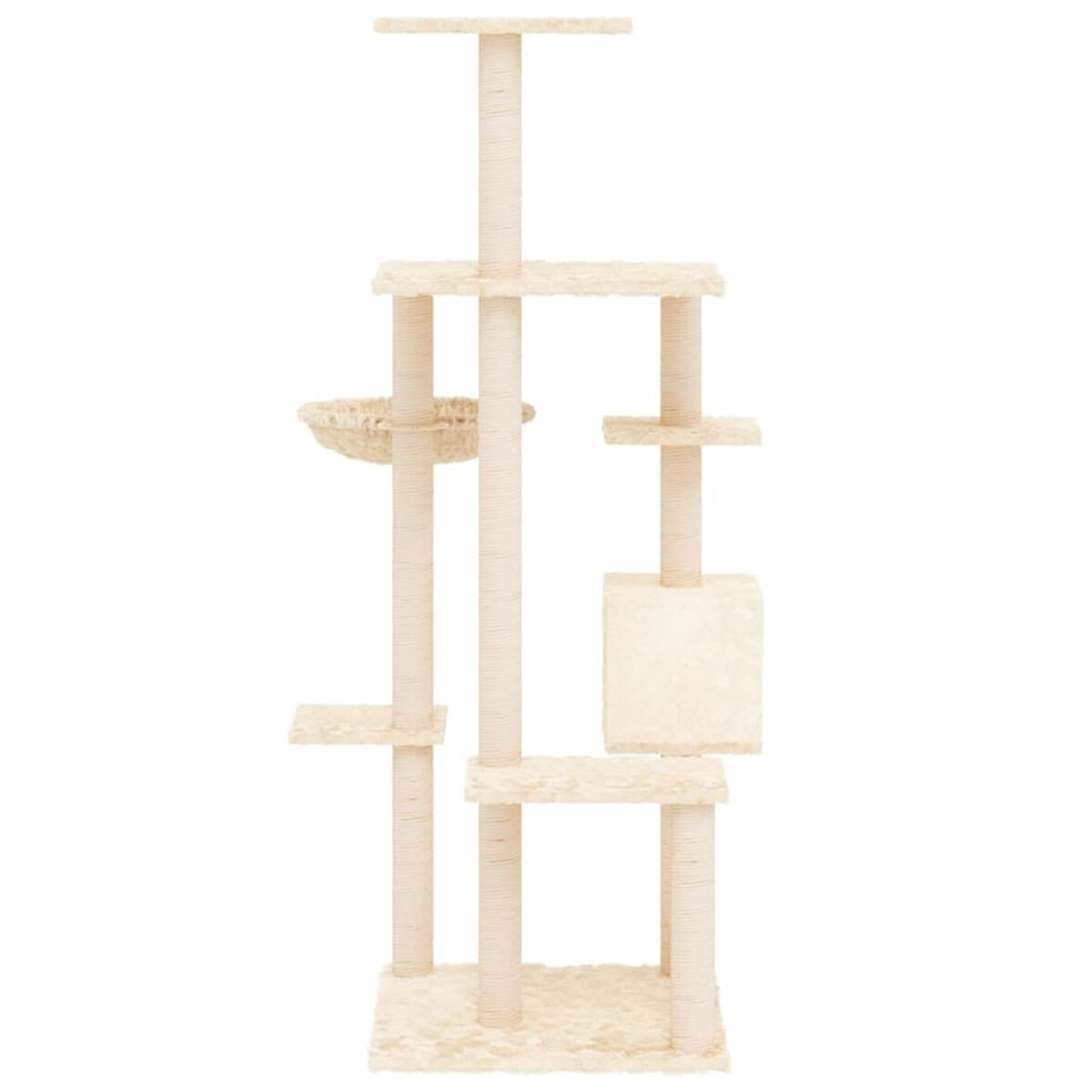 Hoher Katzenbaum mit beigen Plattformen, Kratzbäumen und einem Korb. Er steht aufrecht.