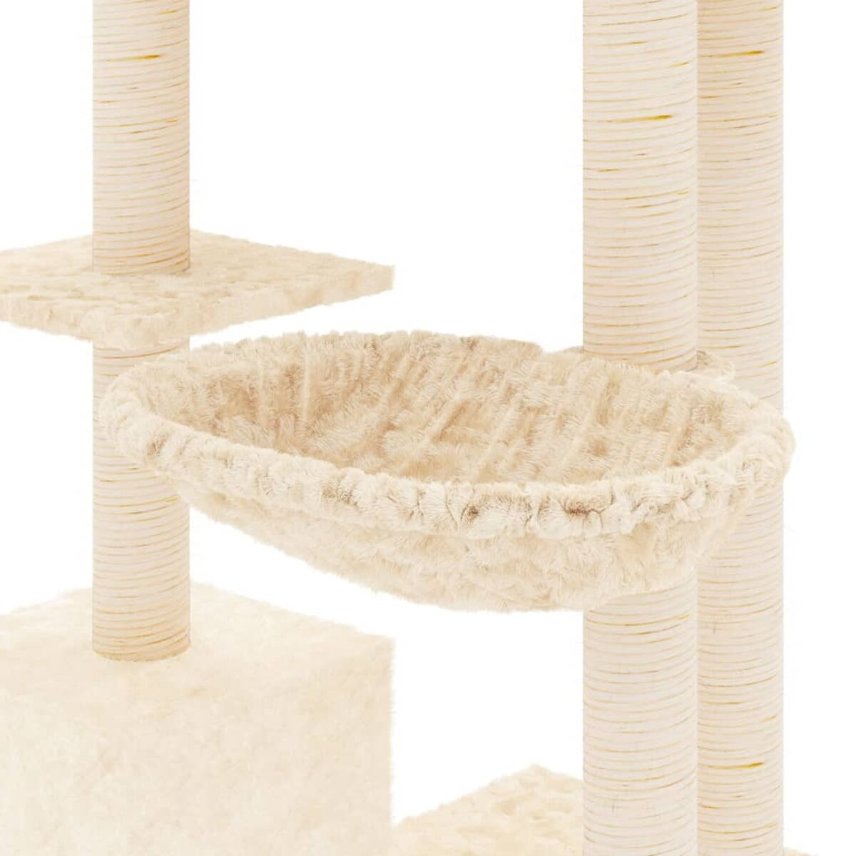 Ein cremefarbenes Katzenbaum mit mehreren Ebenen und einem flauschigen, cremefarbenen Katzenbett.