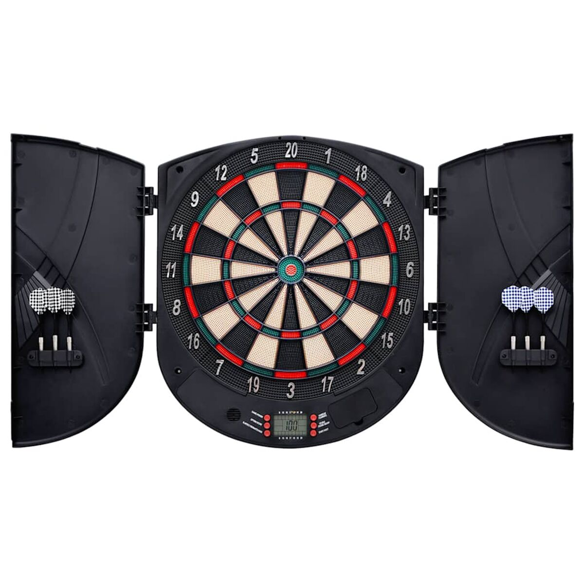 Dartscheibe mit geöffneten schwarzen Schranktüren. Darts sind in den Türen.