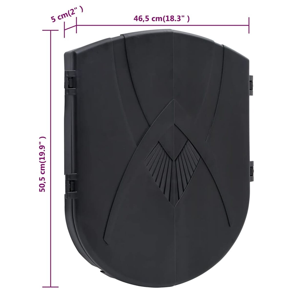 Schwarzer Dartscheibenschrank mit Maßangaben. Der Schrank ist geschlossen und hat ein dekoratives Frontdesign.