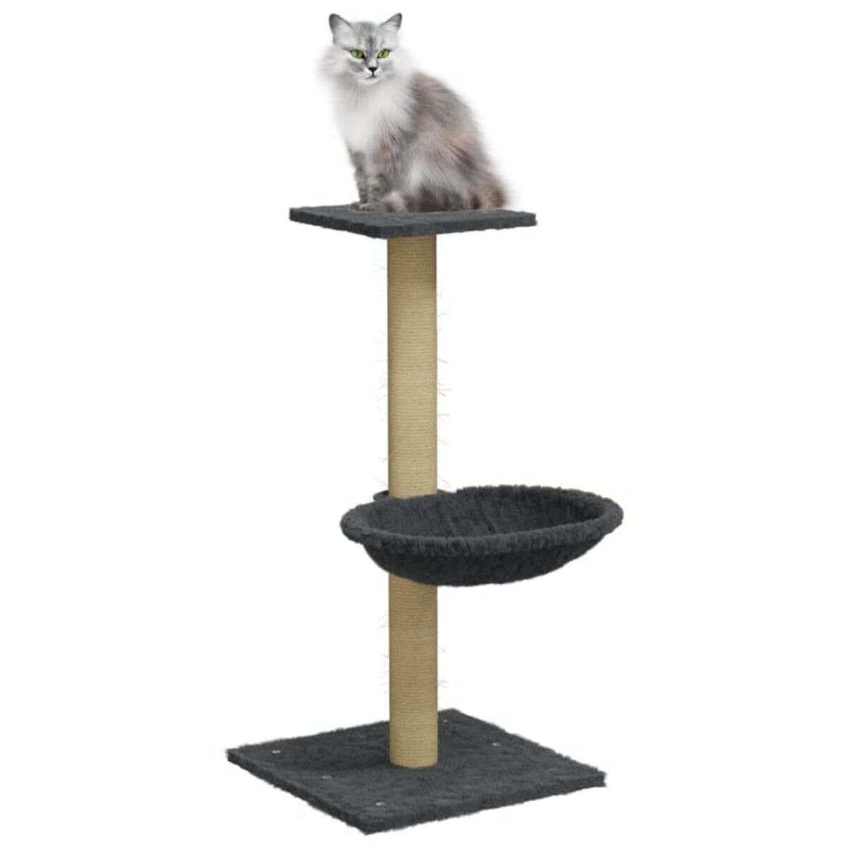 Ein Kratzbaum mit einer Katze, die auf der obersten Ebene sitzt.
