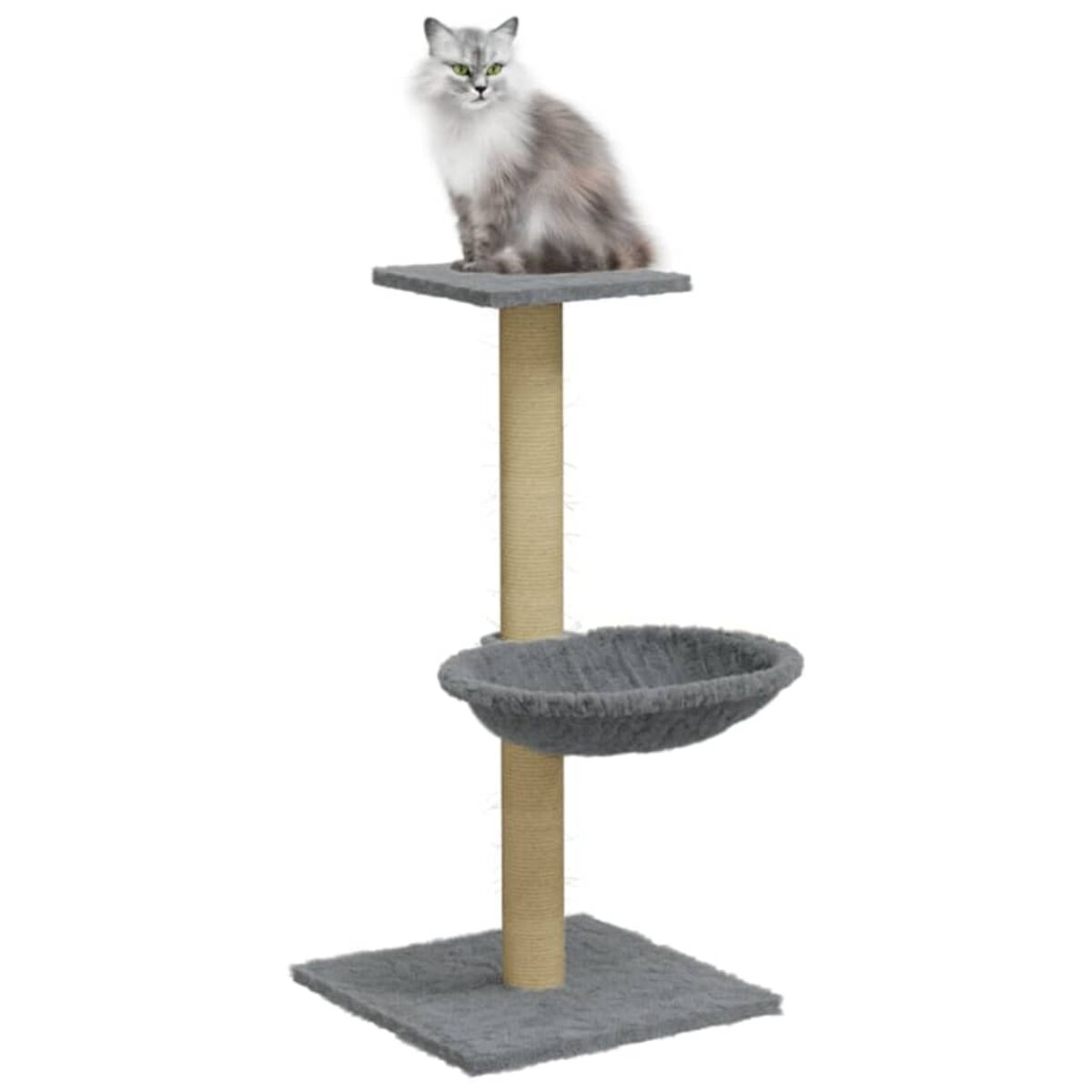 Katzenbaum mit Katze oben drauf, grau und beige.