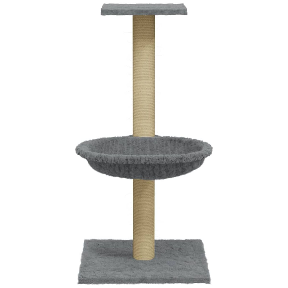 Katzenbaum mit grauem Bett, Kratzbaum und Basis, für Hauskatzen konzipiert.