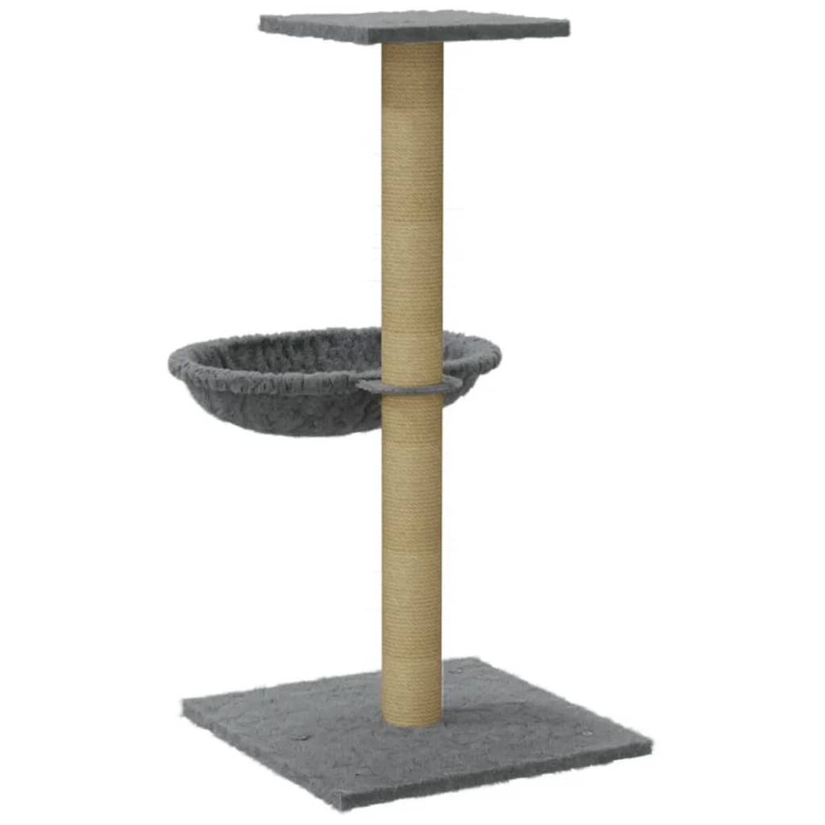 Kratzbaum mit Plattformen, Korb und Kratzpfosten. Grau, Beige und Braun.