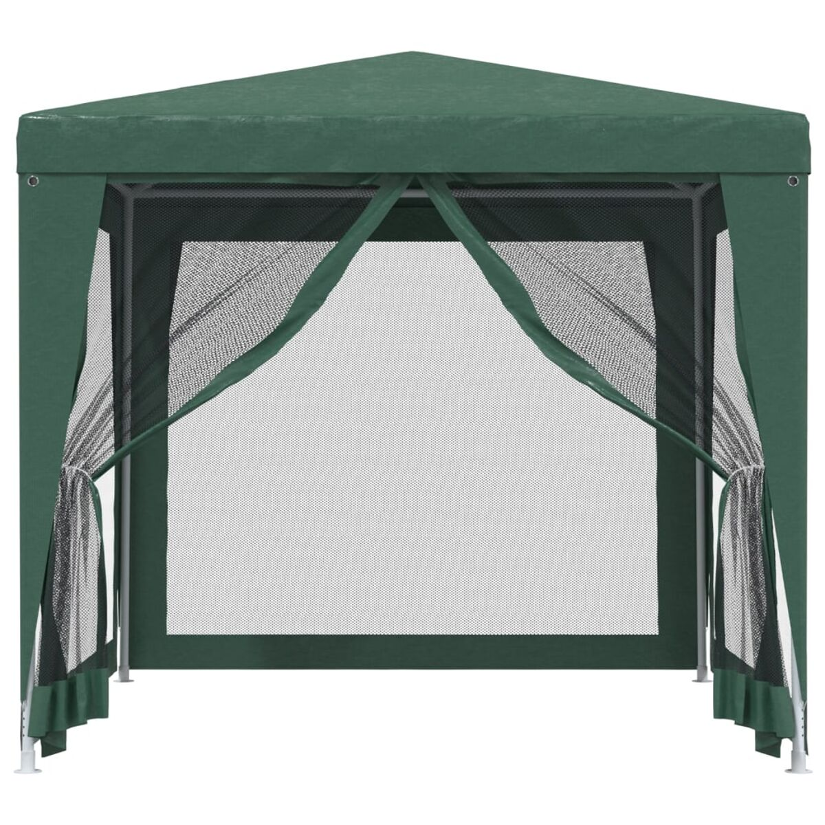 Ein grüner Pavillon mit Netzvorhängen und weißen Stützstangen. Das Dach ist spitz.