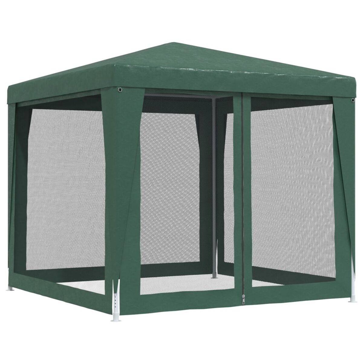 Grüner Pavillon mit Gittern. Die Struktur ist quadratisch mit einem Spitzdach.