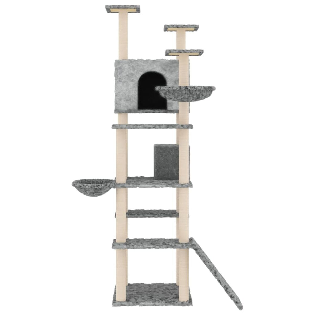 Grauer Katzenbaum mit mehreren Ebenen, einem Haus, Kratzbäumen und einer Rampe.