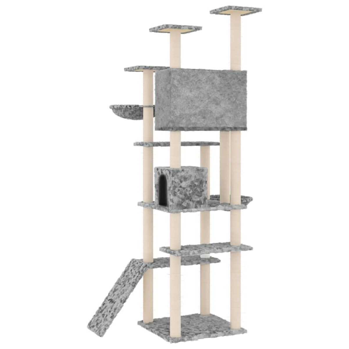Mehrstöckiger Katzenbaum mit beigen Pfosten und grauen Plattformen.