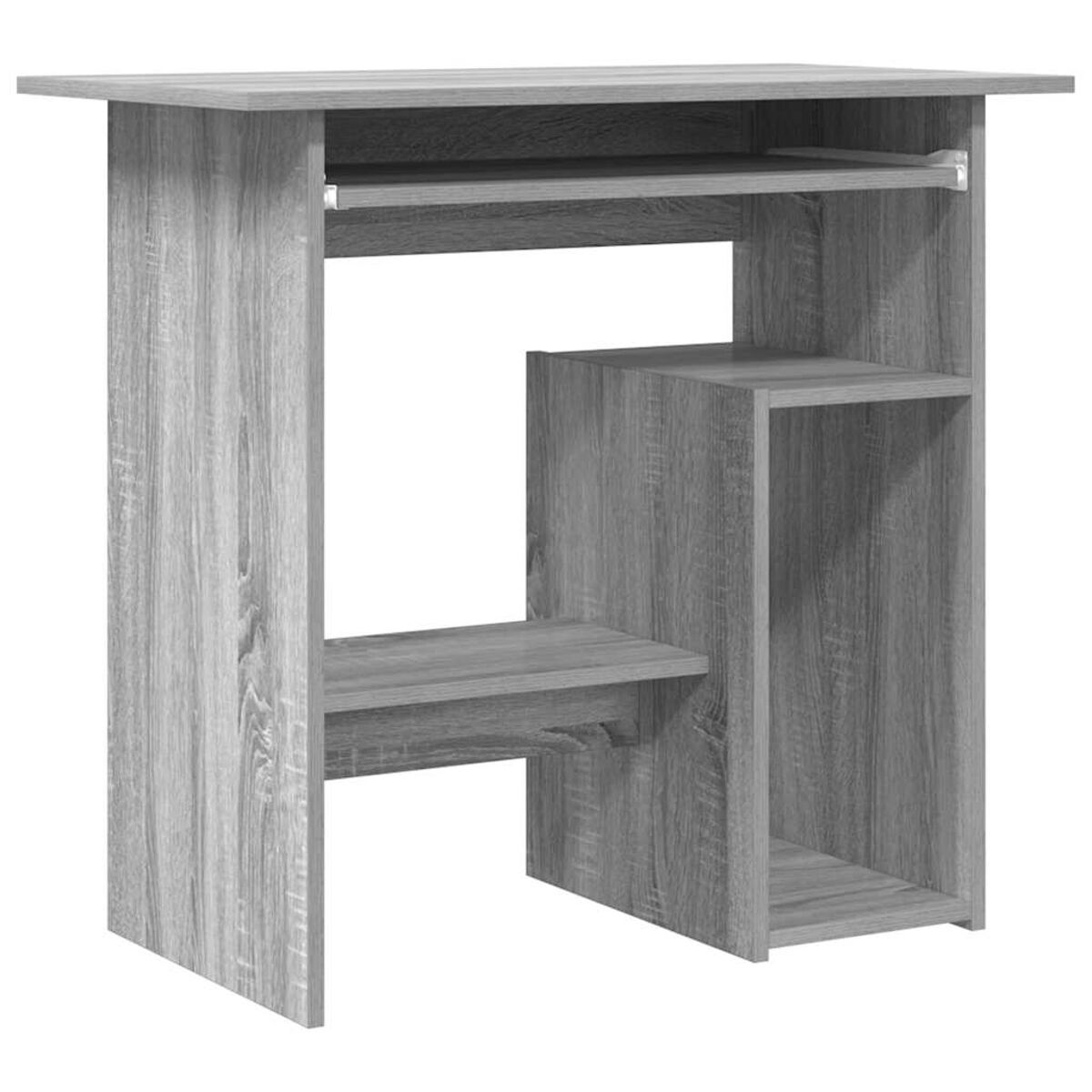 Grauer Holz-Computertisch mit Regal, Tastaturauszug und Stauraum.