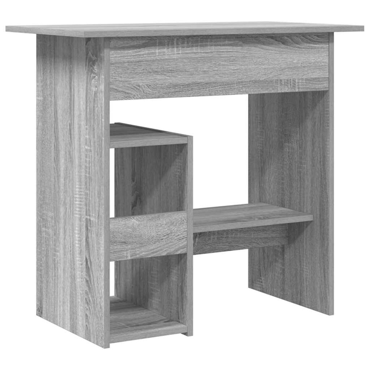 Ein grauer Holztisch mit einem Regal an der Seite und einem Regal darunter.