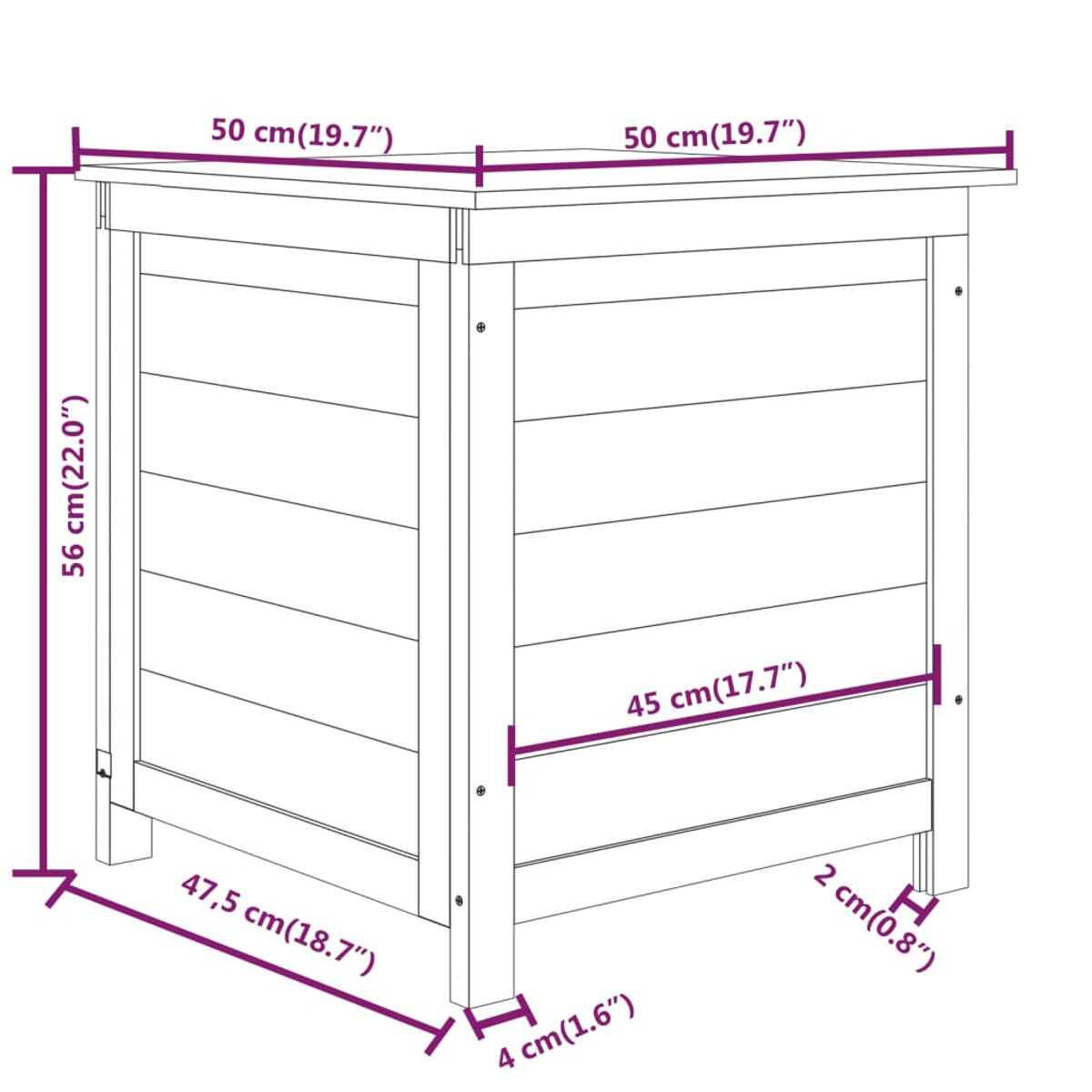 Holzaufbewahrungsbox mit Maßen. Die Box ist hellbraun und hat eine rechteckige Form.