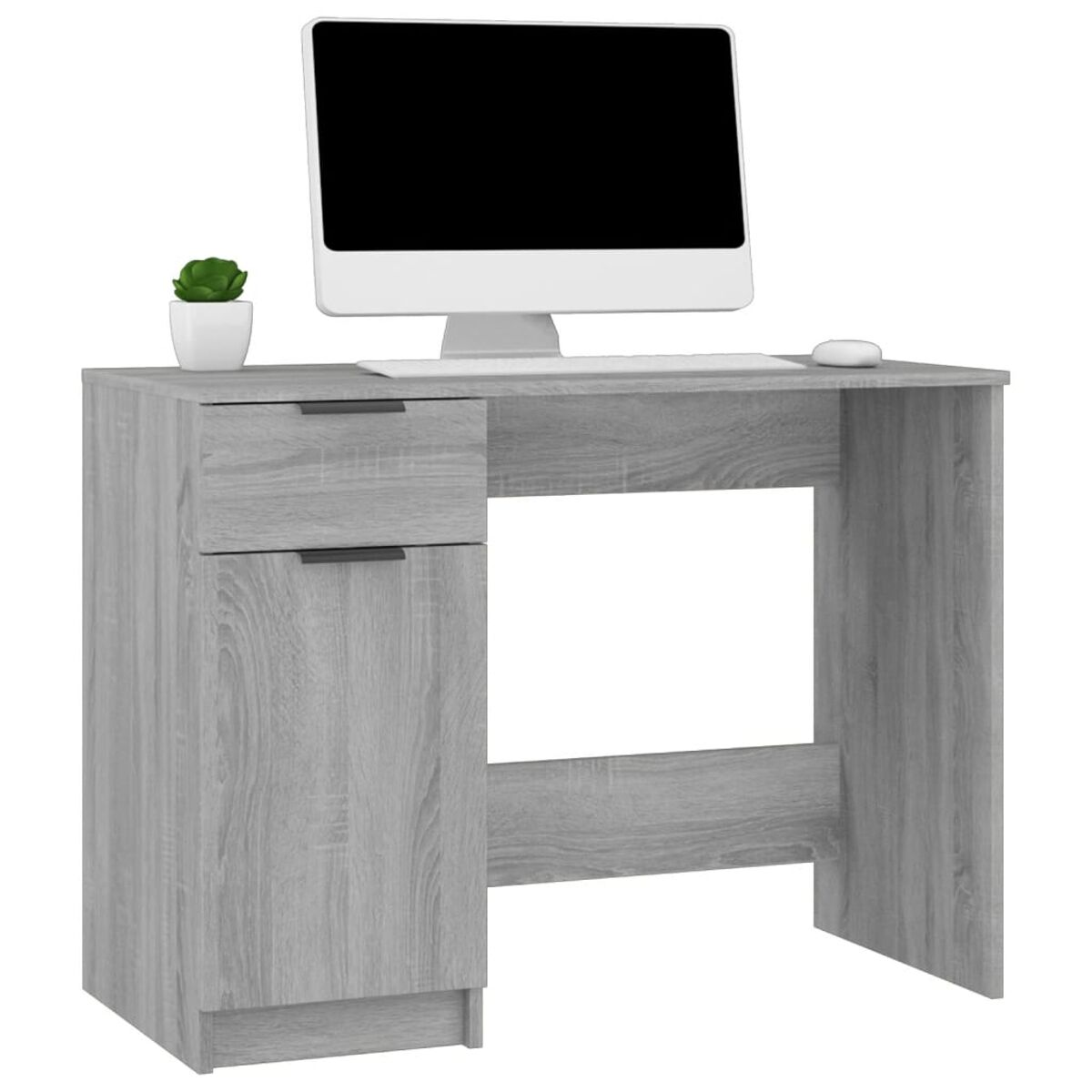 Ein grauer Schreibtisch mit Computer, Schrank und Pflanze.