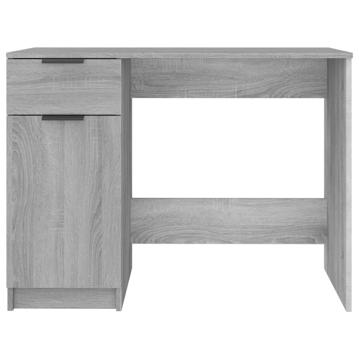 Grauer Holzschreibtisch mit Schublade und Schrank links. Die rechte Seite ist offen.