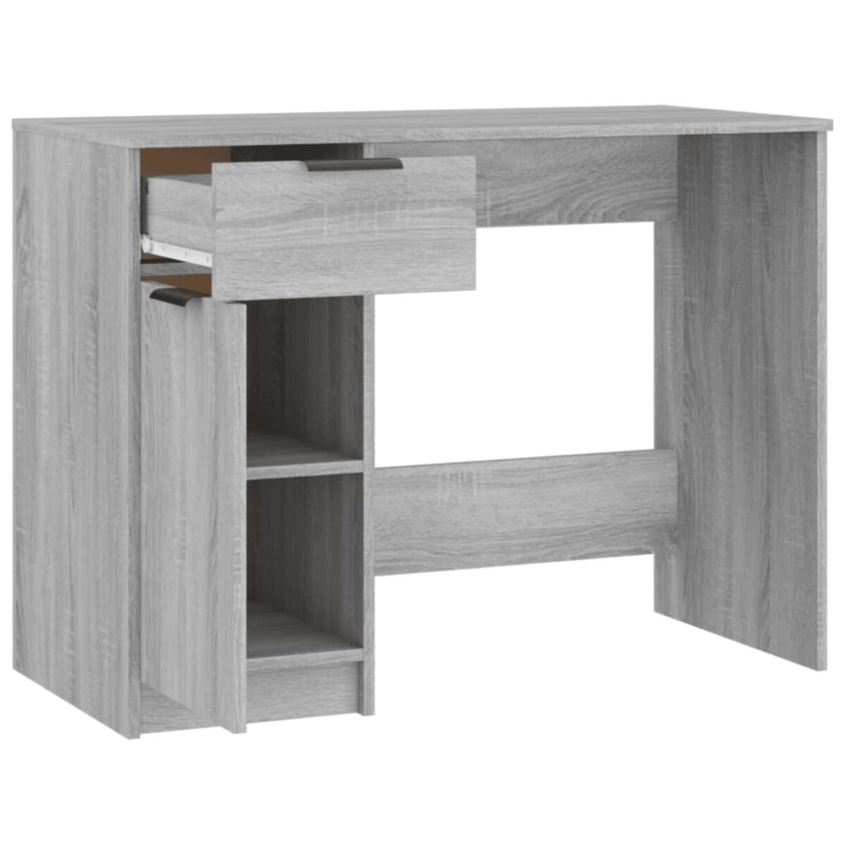 Ein grauer Schreibtisch mit Schublade und offenem Schrank. Hellgraue Holzmaserung.