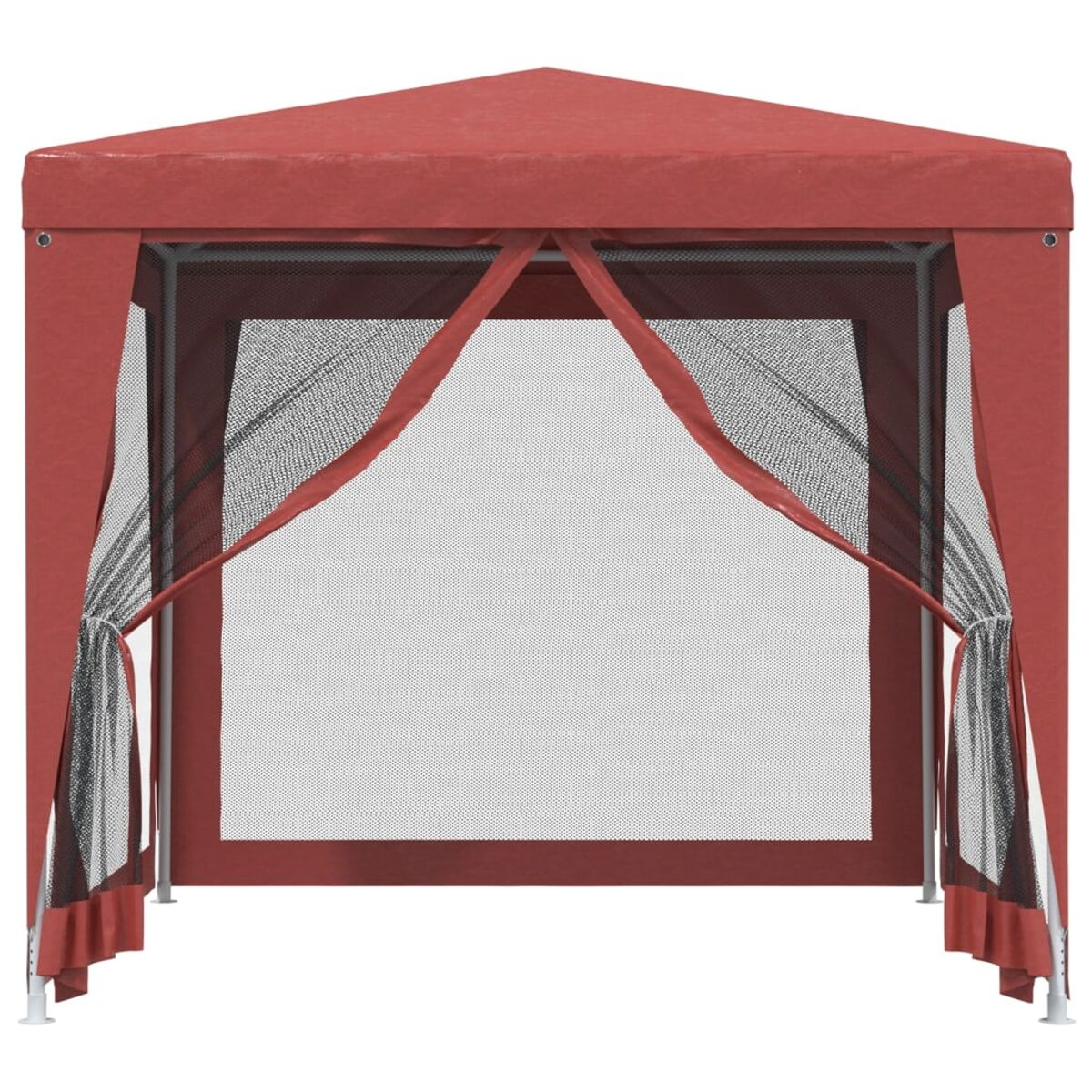 Ein roter Pavillon mit Netzseiten und offener Front, vor weißem Hintergrund.