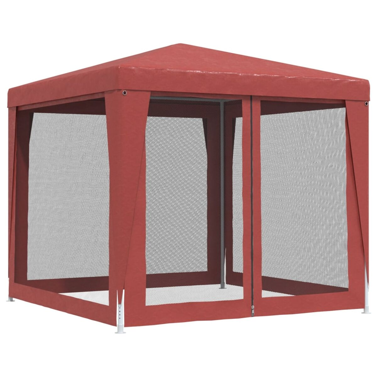 Roter Pavillon mit Netzseiten. Weiße Pfosten. Weißer Hintergrund. Vorderansicht.